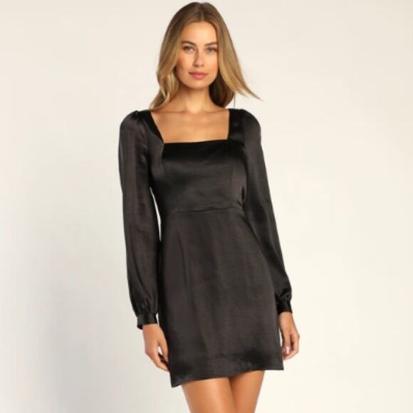 NWT Lulus Got The Love Black Satin Square Neck Mini Dress Size Small Party Cute - Picture 1 of 10
